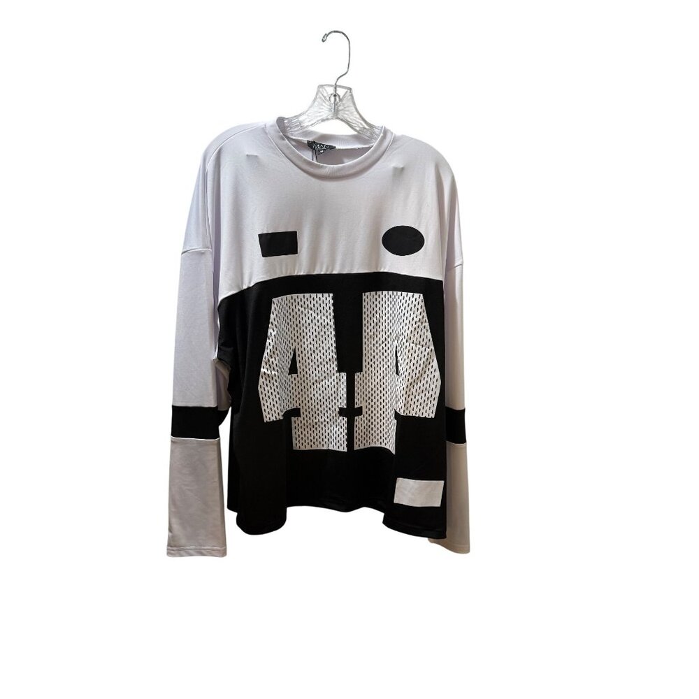 BoohooMAN White & Black Long Sleeve Graphic Mesh Oversized Shirt -‎ Size M